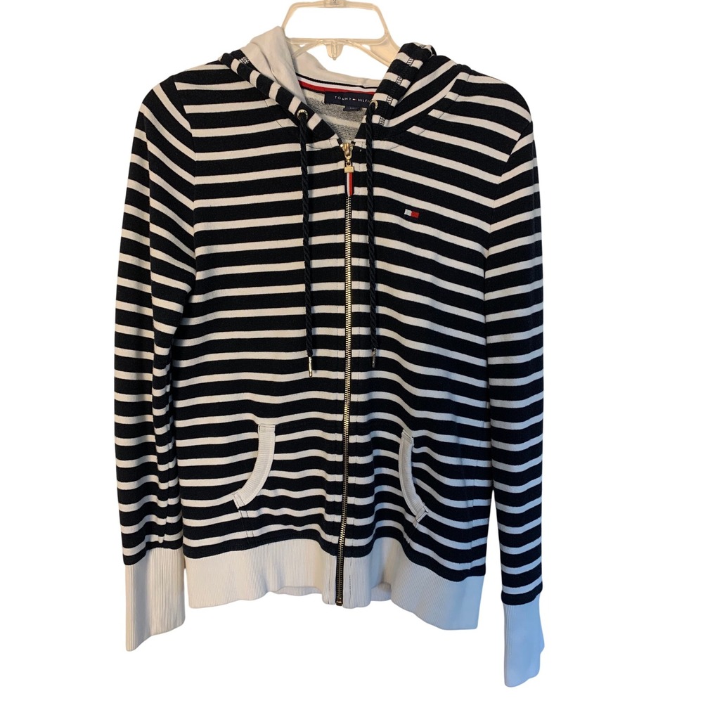 Tommy Hilfiger Womens Small Full Zip Up Hoodie Navy White Stripe w/‎ Red